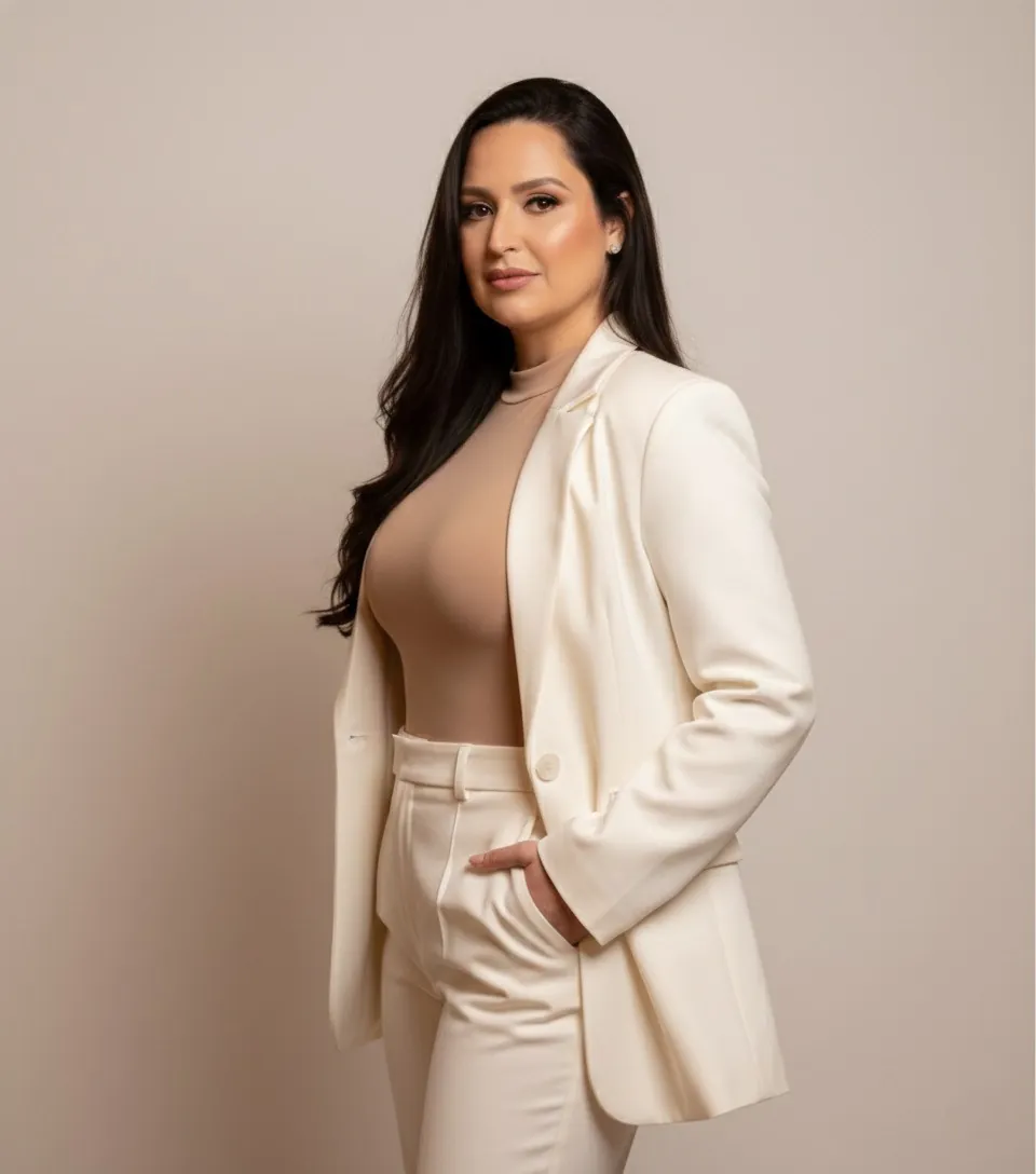 Débora Teodoro de terno claro
